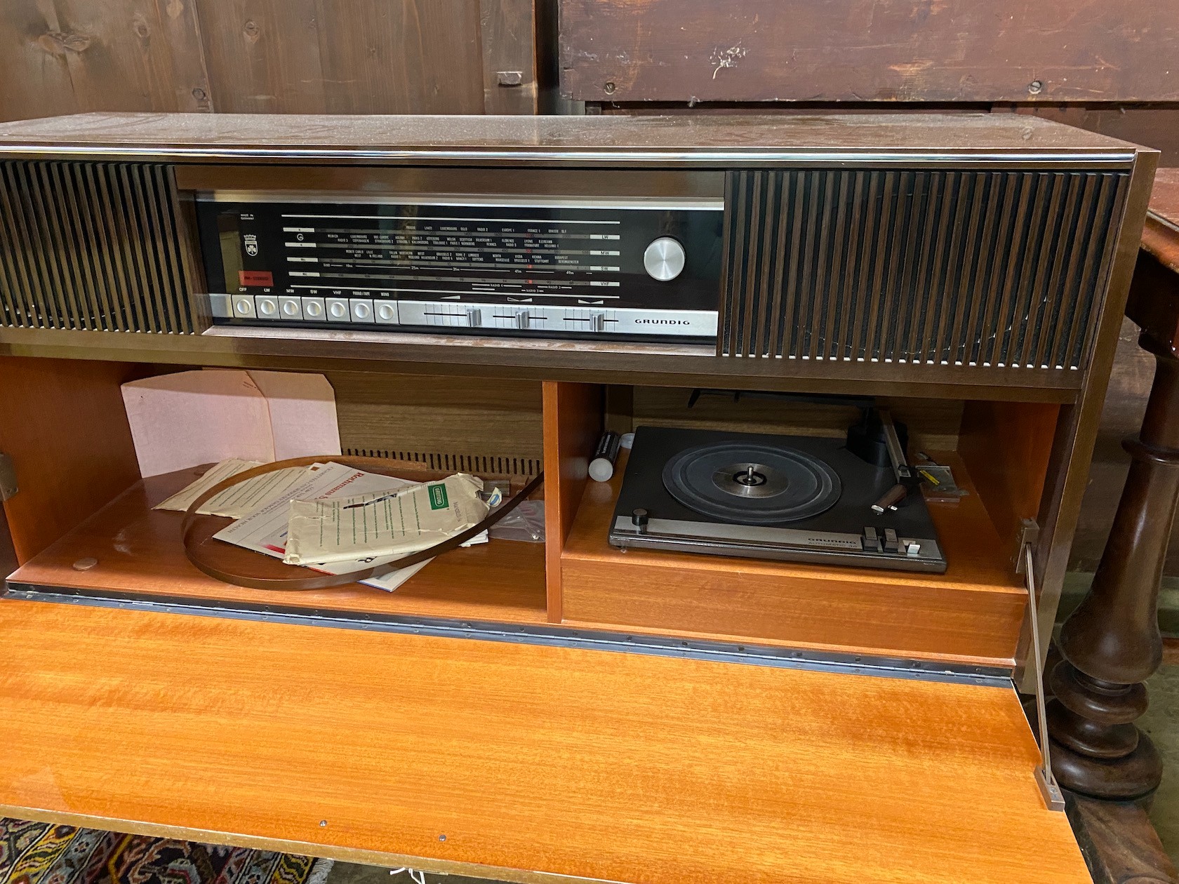 A mid century Grundig Mandello stereogram, length 118cm, depth 36cm, height 78cm